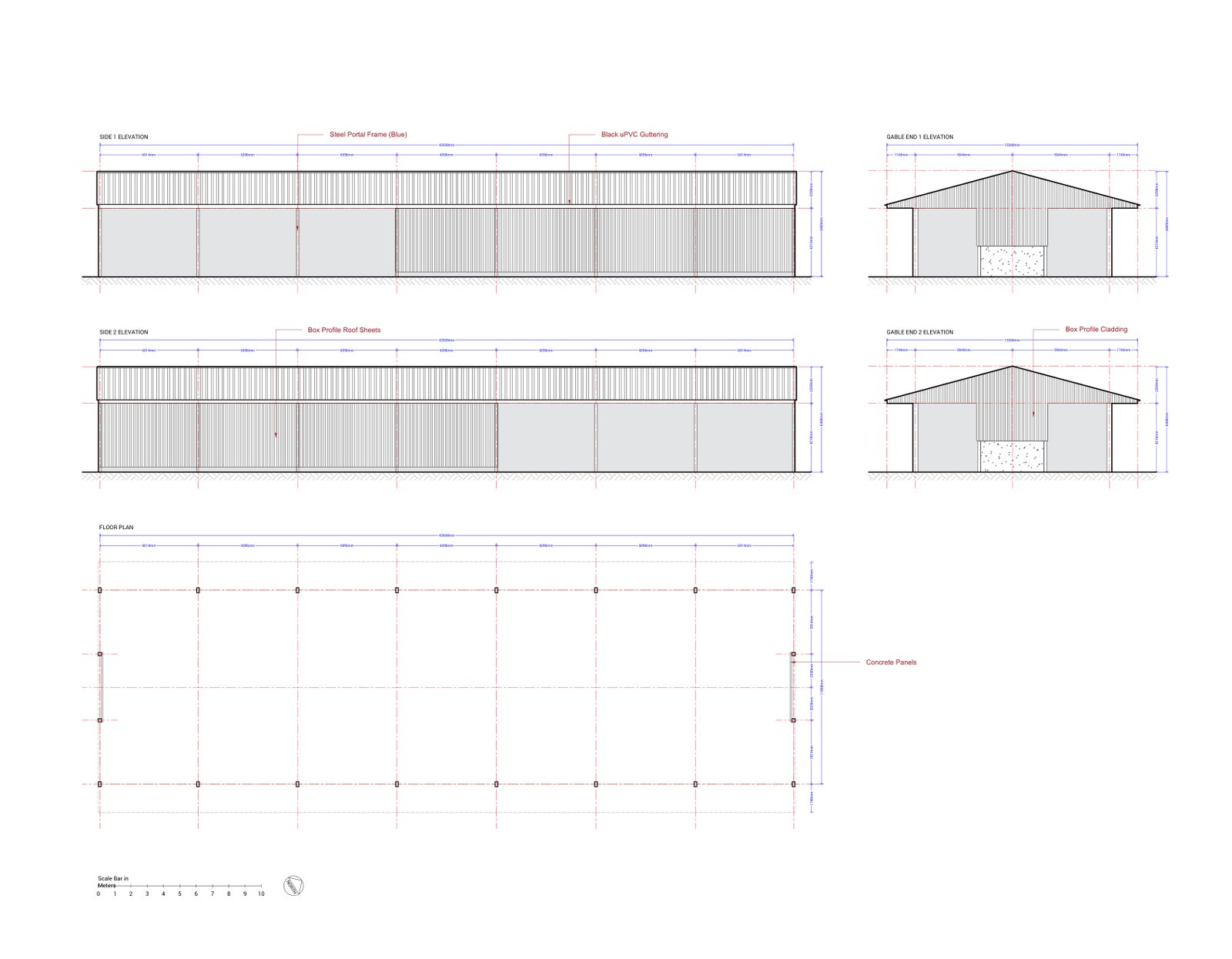 Elevation and floor plan drawings for a steel-framed agricultural barn