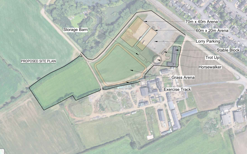 Proposed site plan for an equestrian yard with arenas, stable block and exercise track