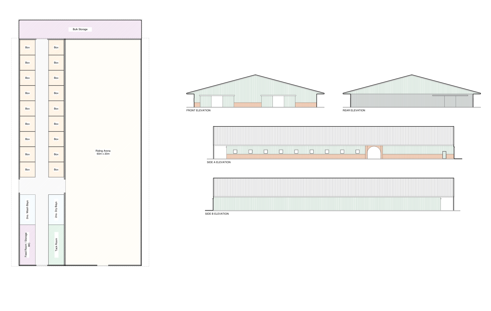 Floor plan and elevations for an equestrian stable block and riding arena