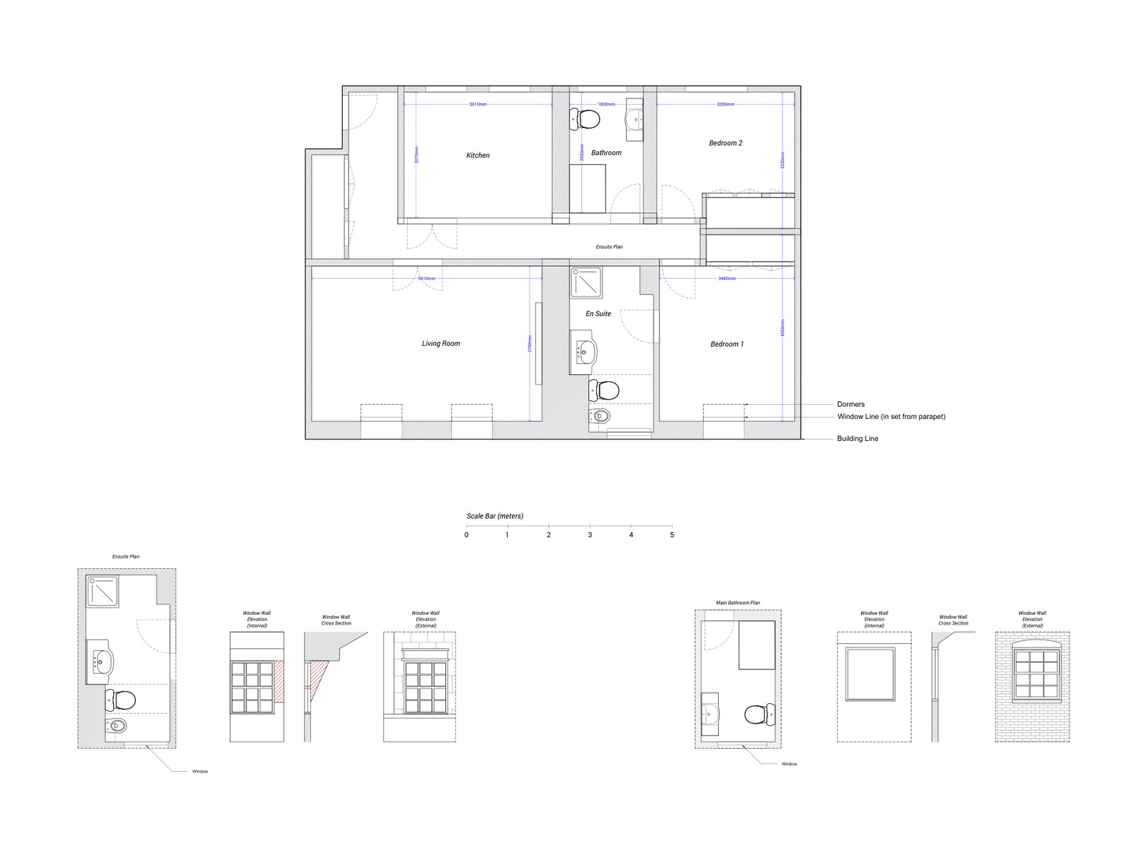 Loft conversion floor plan with dormer and window wall details