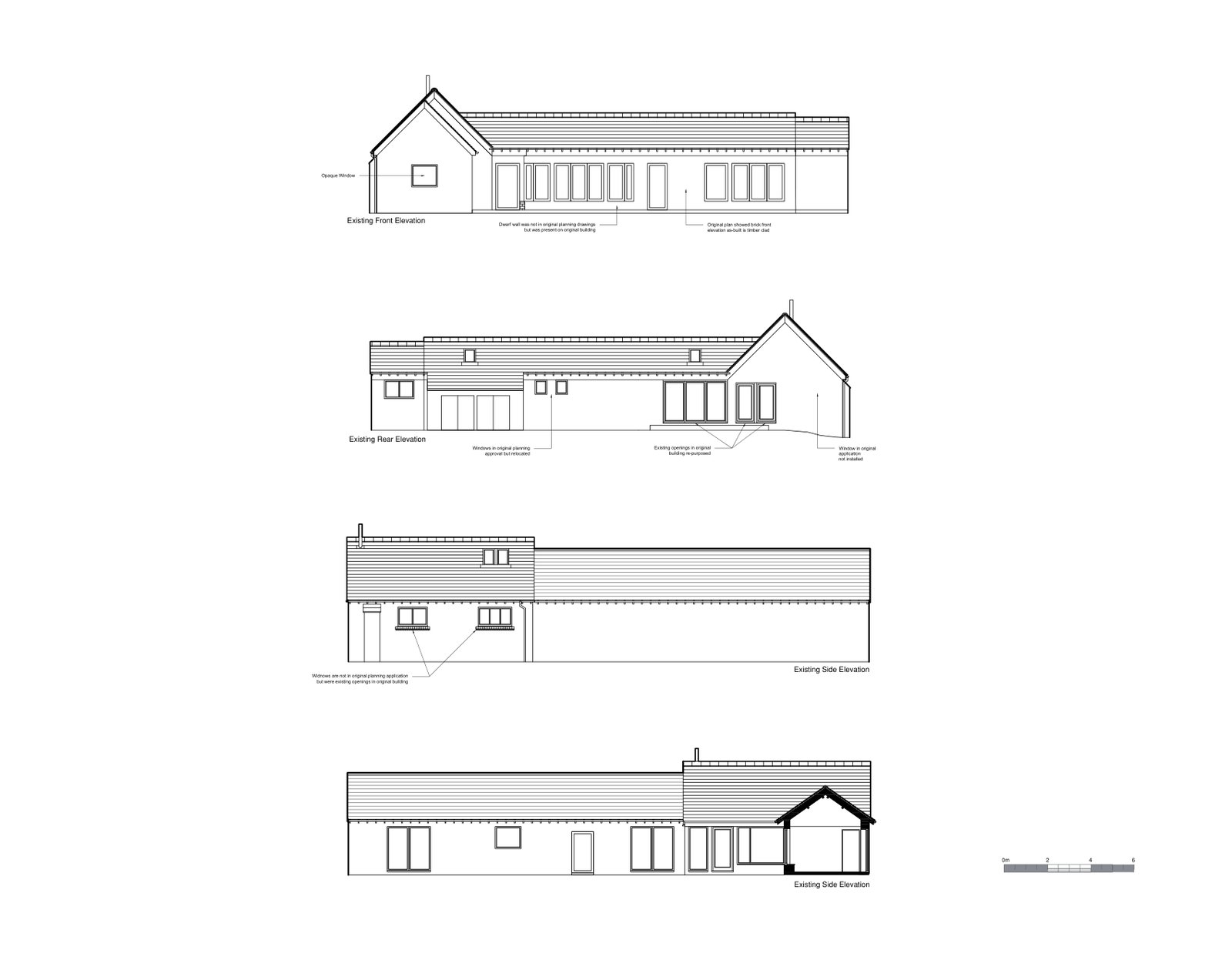 Existing elevation drawings with annotations comparing as-built condition to original planning permission
