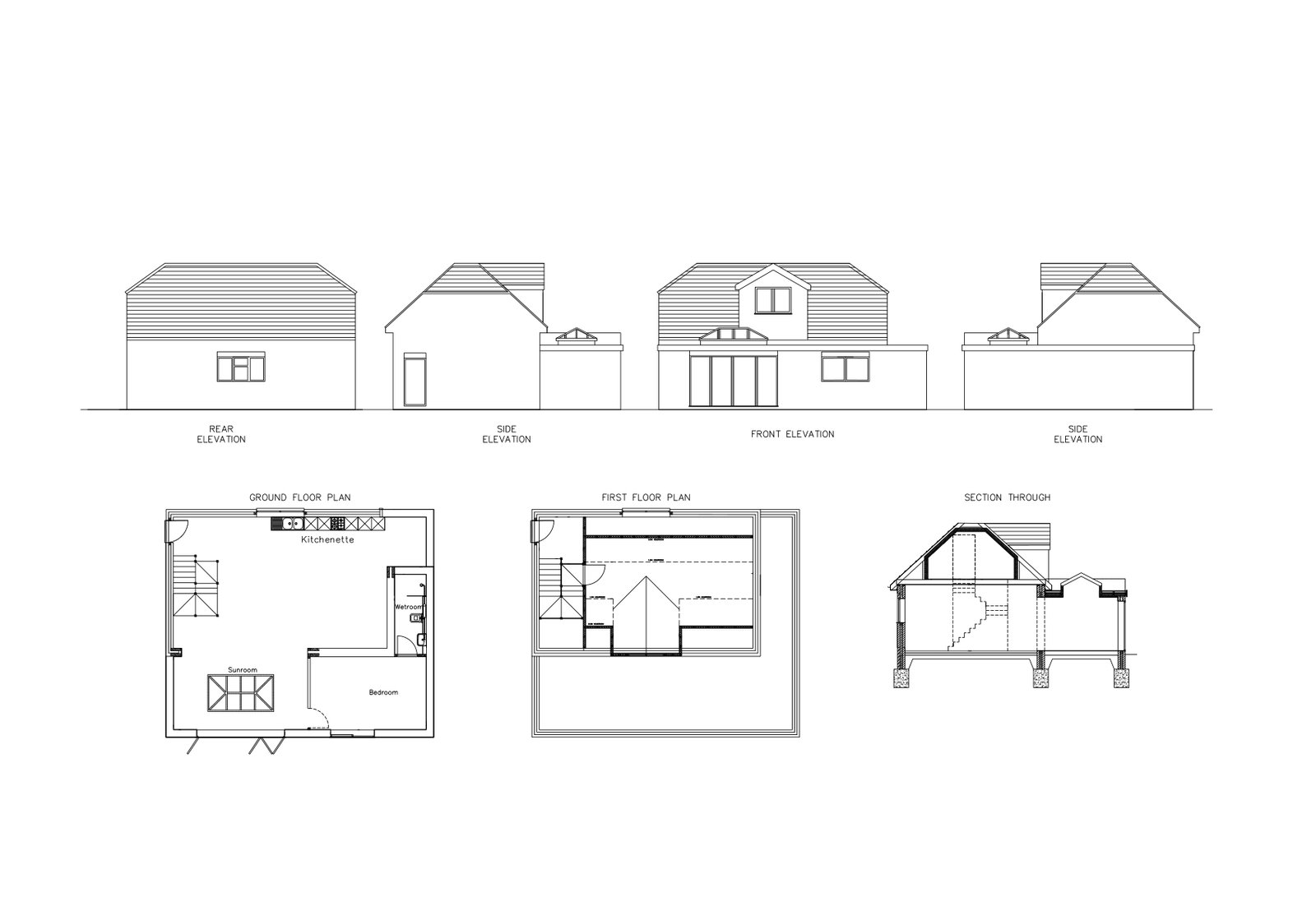 Elevations and floor plans for a two-storey house extension